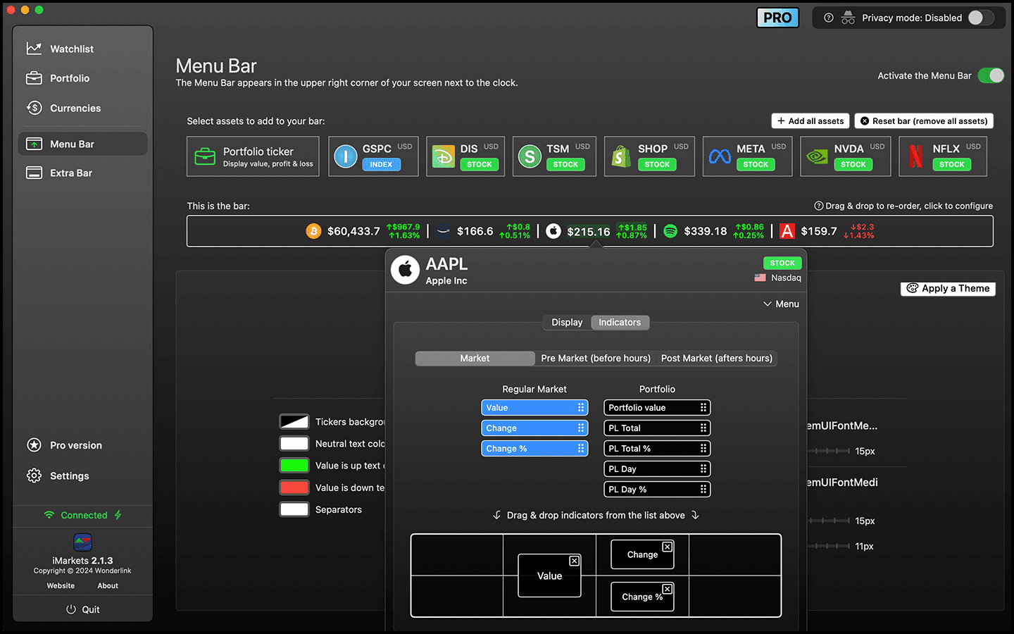 Bar & ticker configuration